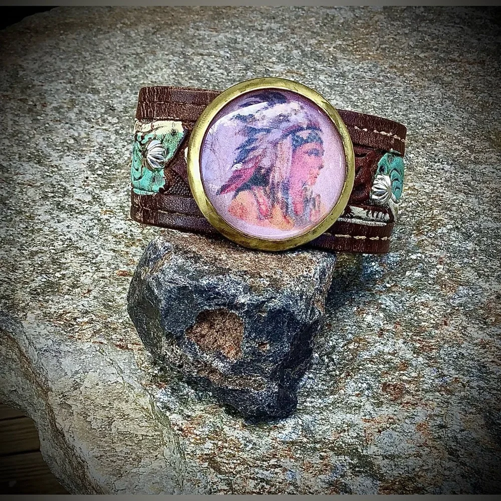 Tooled leather cuff, Indian motif, adjustable